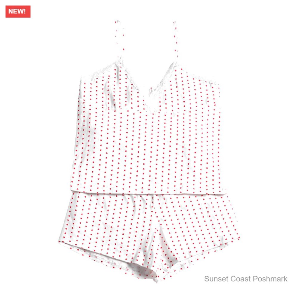Cotton Blend Cami Pajama Set with Heart Print Lace Trim Sleeveless